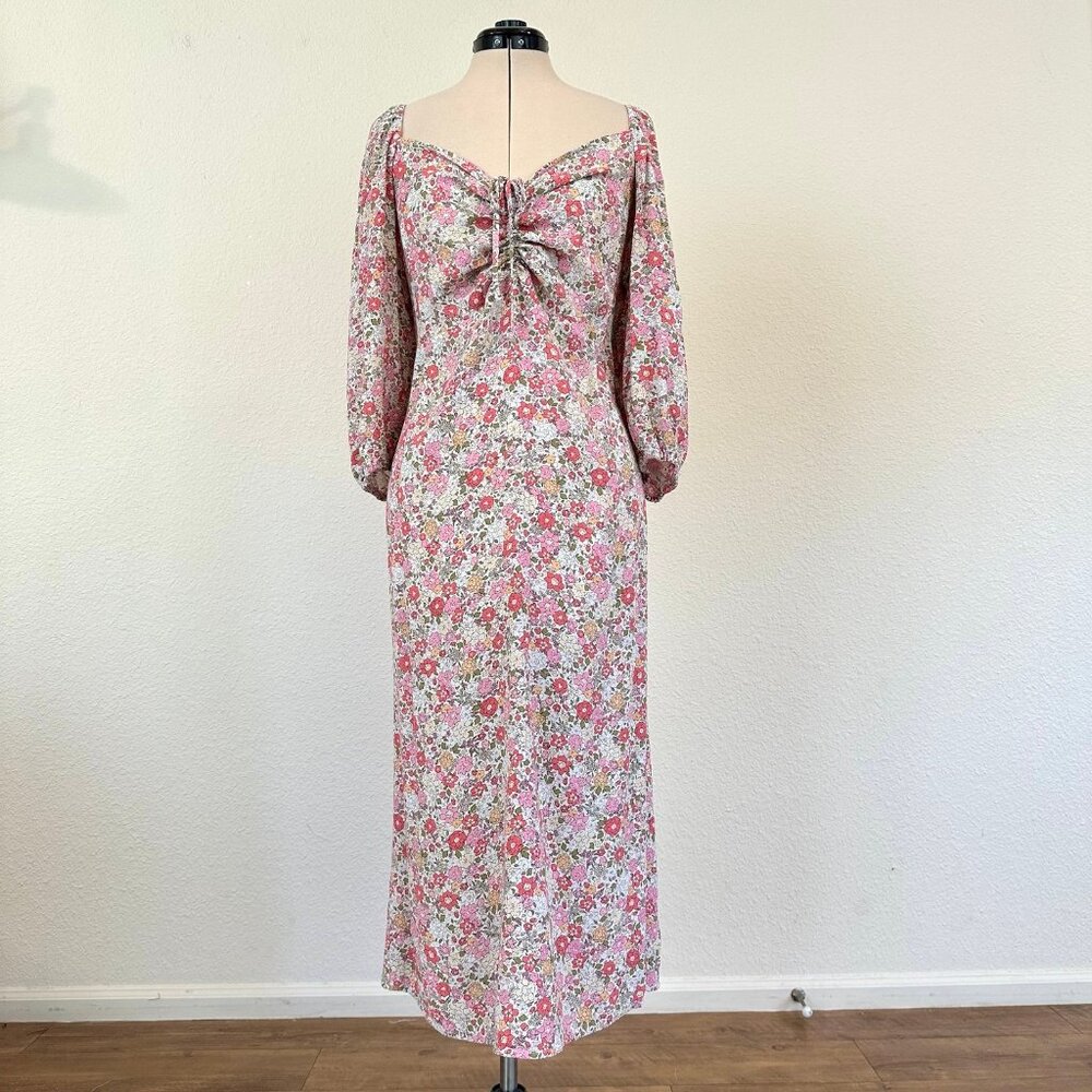 H&M Floral Pink 3/4 Sleeve Ruched-Front Midi Dress